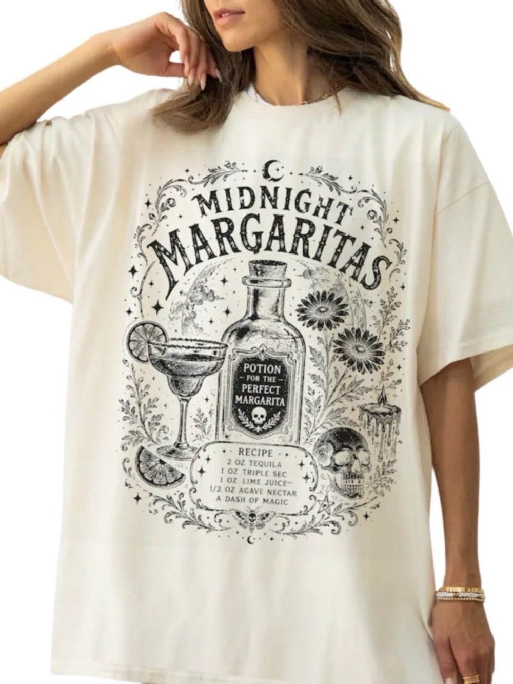 Off White Graphic Tee with Black 'Midnight Margaritas' Artwork